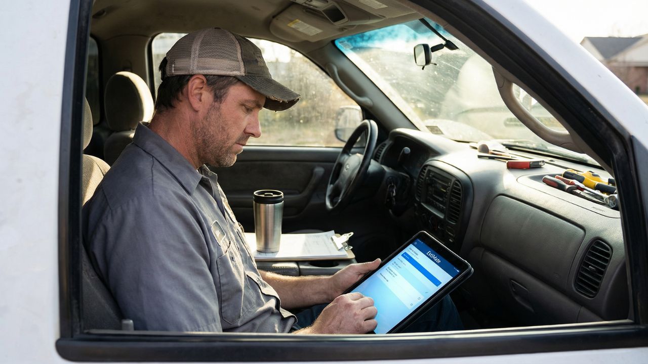 Contractor using EstiMate estimating app on tablet in work truck